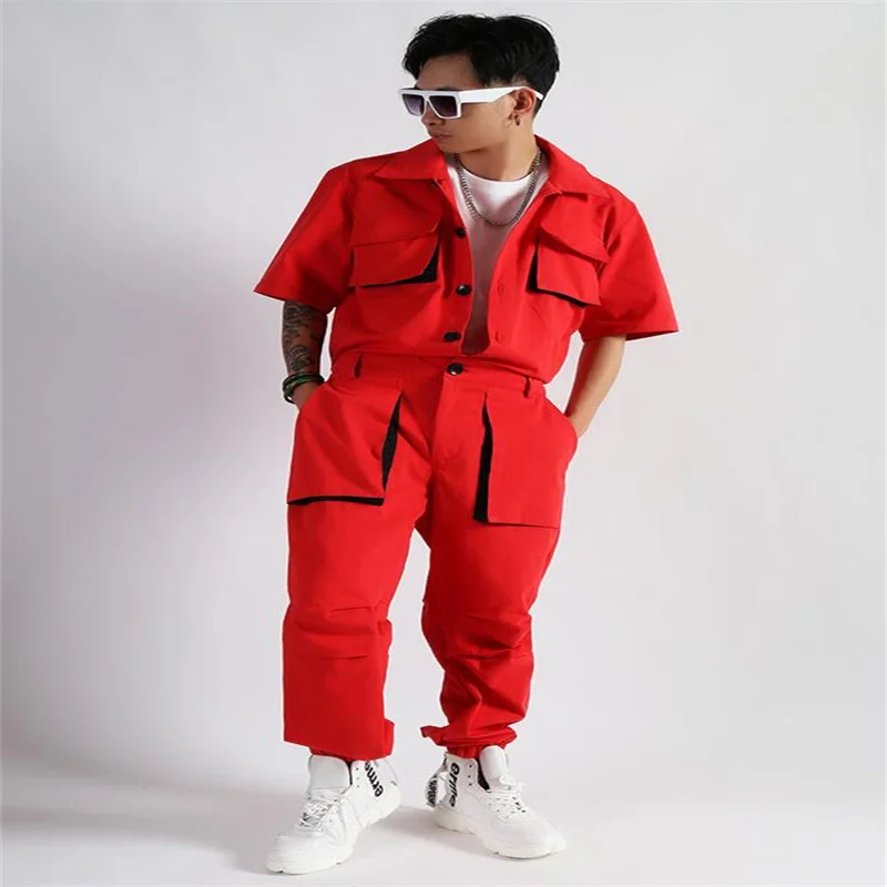 Рубашка мужская сиамская красная с коротким рукавом в стиле ретро | Мужская