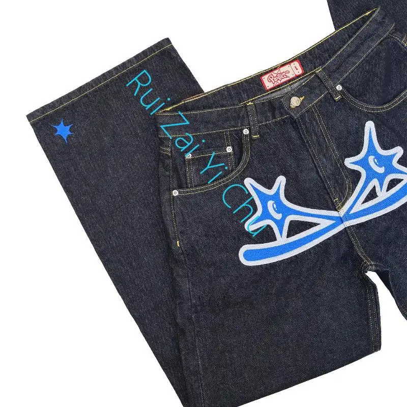 New Harajuku Style Retro Straight Casual Wide-Leg Pants Couple Loose High-Waisted Jeans Street Pop Gothic Print Jeans Women Y2K