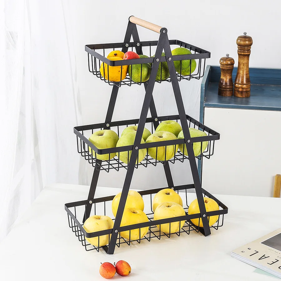 3 Tier Detachable Luxury Kitchen Counter Organizer Fruit Wood Basket Holder Bowl Rack Stand Metal Snacks Vegetable Storage Shelf