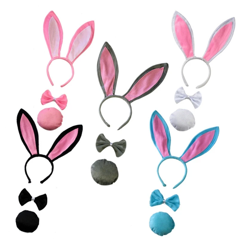 

449B Plush Bunny Hair Hoop Rabbit Ears Headwear Tail Bowtie Set Easter Fun Dress Up Cosplay Costume for Halloween Theme Party