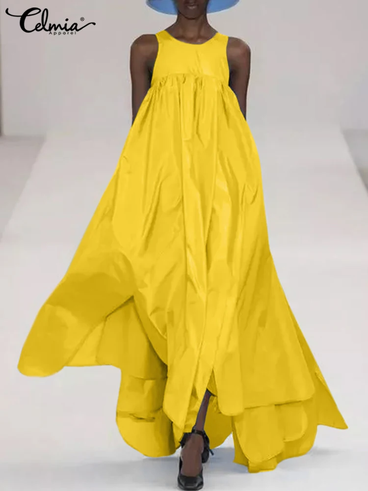 

2022 Fashion Maxi Tank Dress Celmia Women Sleeveless O-neck A-line Robe Longue Summer Shirred Pleated Slit Hem Swing Sundress