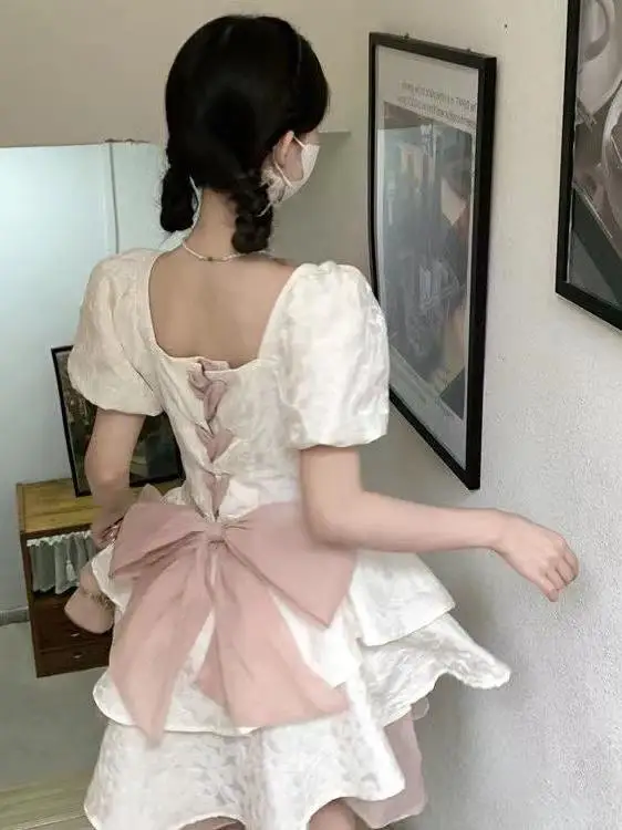 Платье принцессы с бантом на талии роскошное пушистое платье коротким рукавом