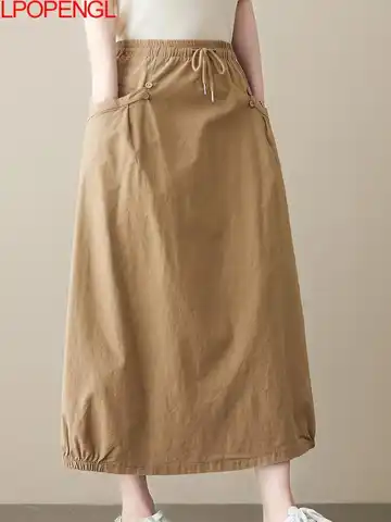 Cotton And Linen Skirt Women's Mid-length 2022 Summer New Literary Retro Loose Vintage solid oversized A-line Skirt Cotton And Linen Skirt Women's Mid-length 2022 Summer New Literary Retro Loose Vintage solid oversized A-line Skirt