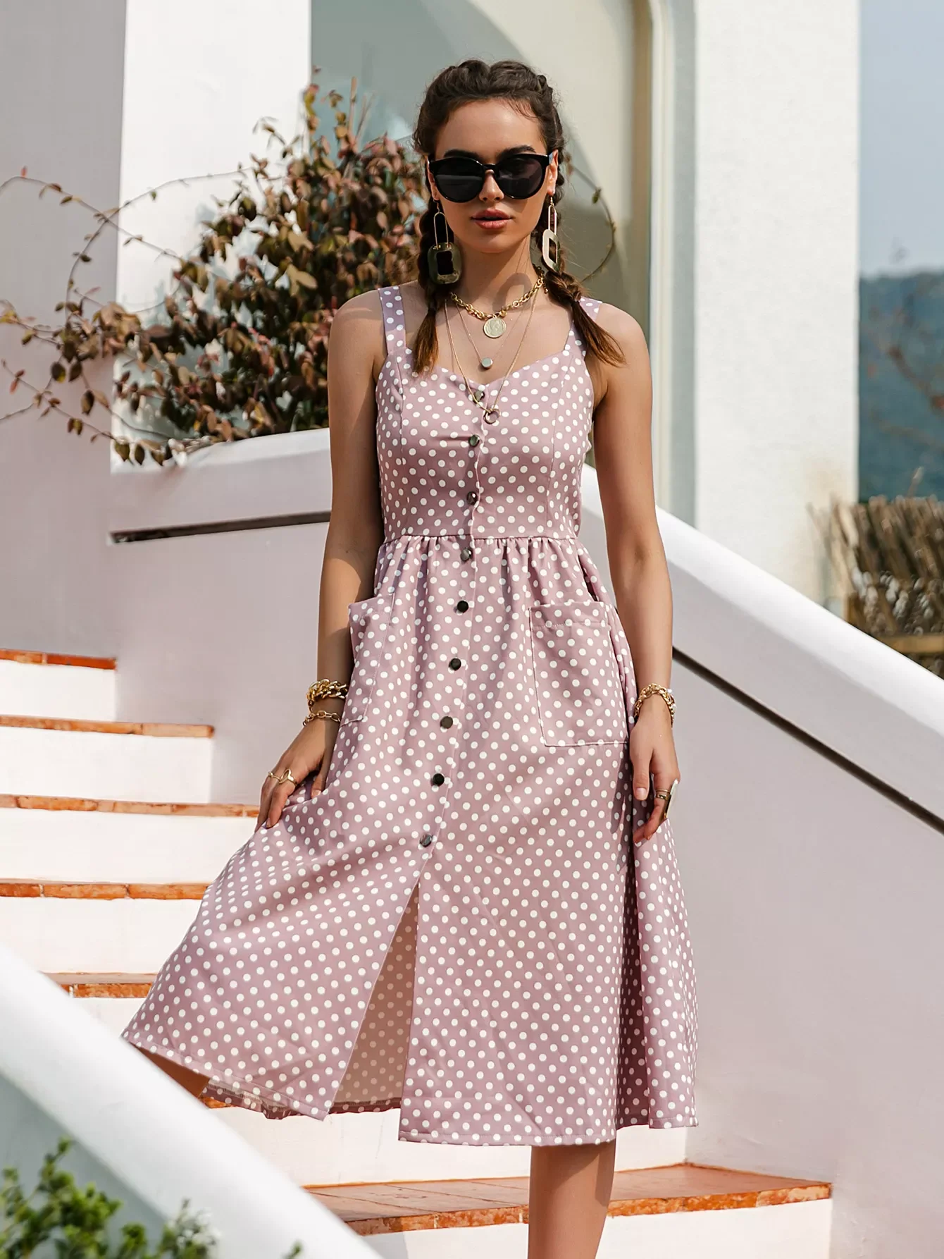 

Simplee Casual Polka Dot Dress Sleeveless Holiday style high waist buttoned women's Dress Fashion Mid-length summer dresses