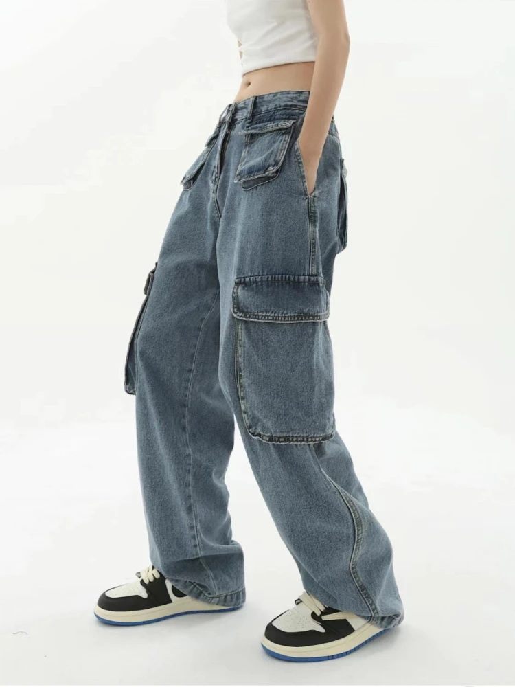ADAgirl Blue Women Cargo Pants Y2k Vintage Oversize Low Waist Ladies Jeans 90s Streetwear Hip Hop Straight Causal Bottoms 2023