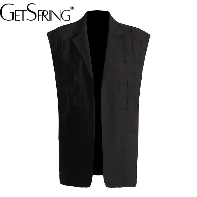 

GetSpring Women Vest 2022 Autumn Winter Woven Shoulder Padded Waistcoat Vintage All Match Loose Casual Sleeveless Coat Fashion