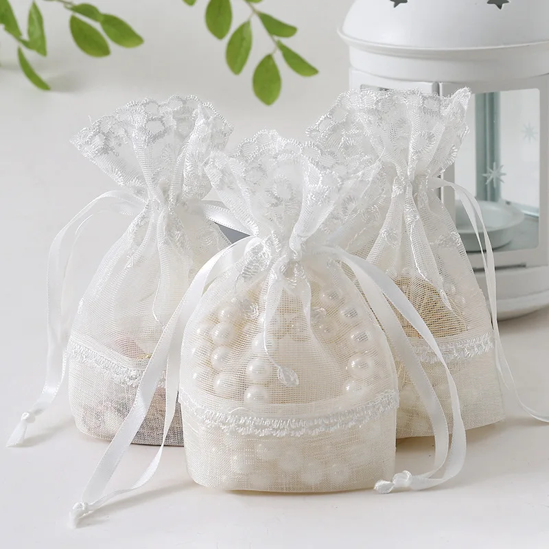 

10Pcs Five Petal Flower White Lace Gauze Bag Jewelry Storage Bag Draw Rope Bag Creative Gift Bundle Pocket