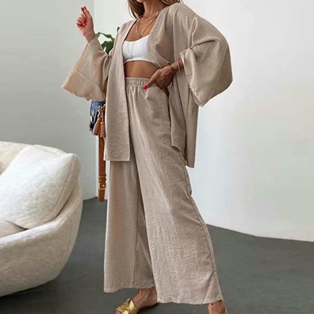 

Soft Trousers Set Soft Breathable Cardigan Pants Set with Wide Leg Elastic Waist Crotch Stylish Lady Coat Trousers with Long