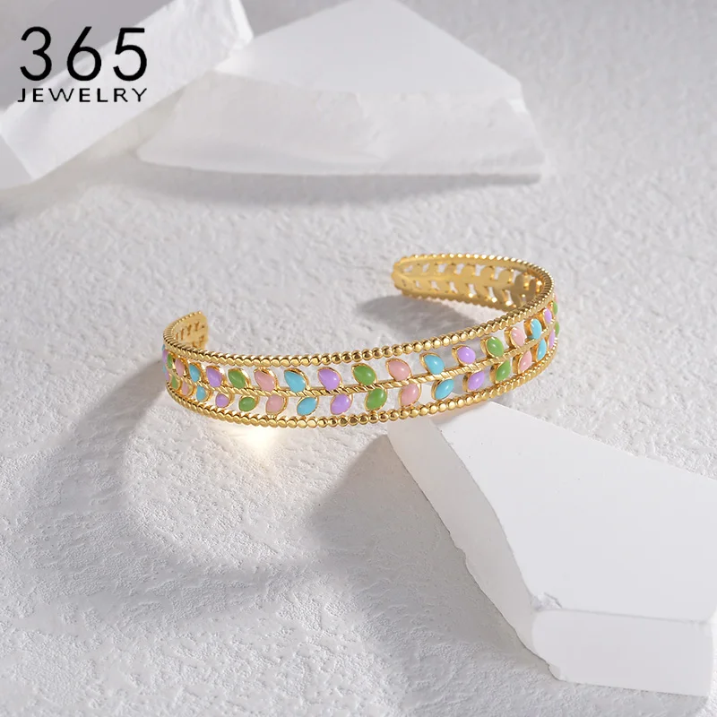 Женский браслет из нержавеющей стали с разноцветными масляными листьями