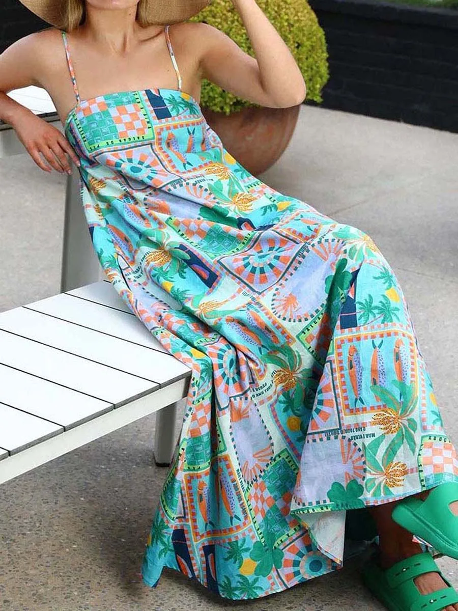 Женское яркое платье Y2k в стиле бохо на тонких бретельках макси-платье с