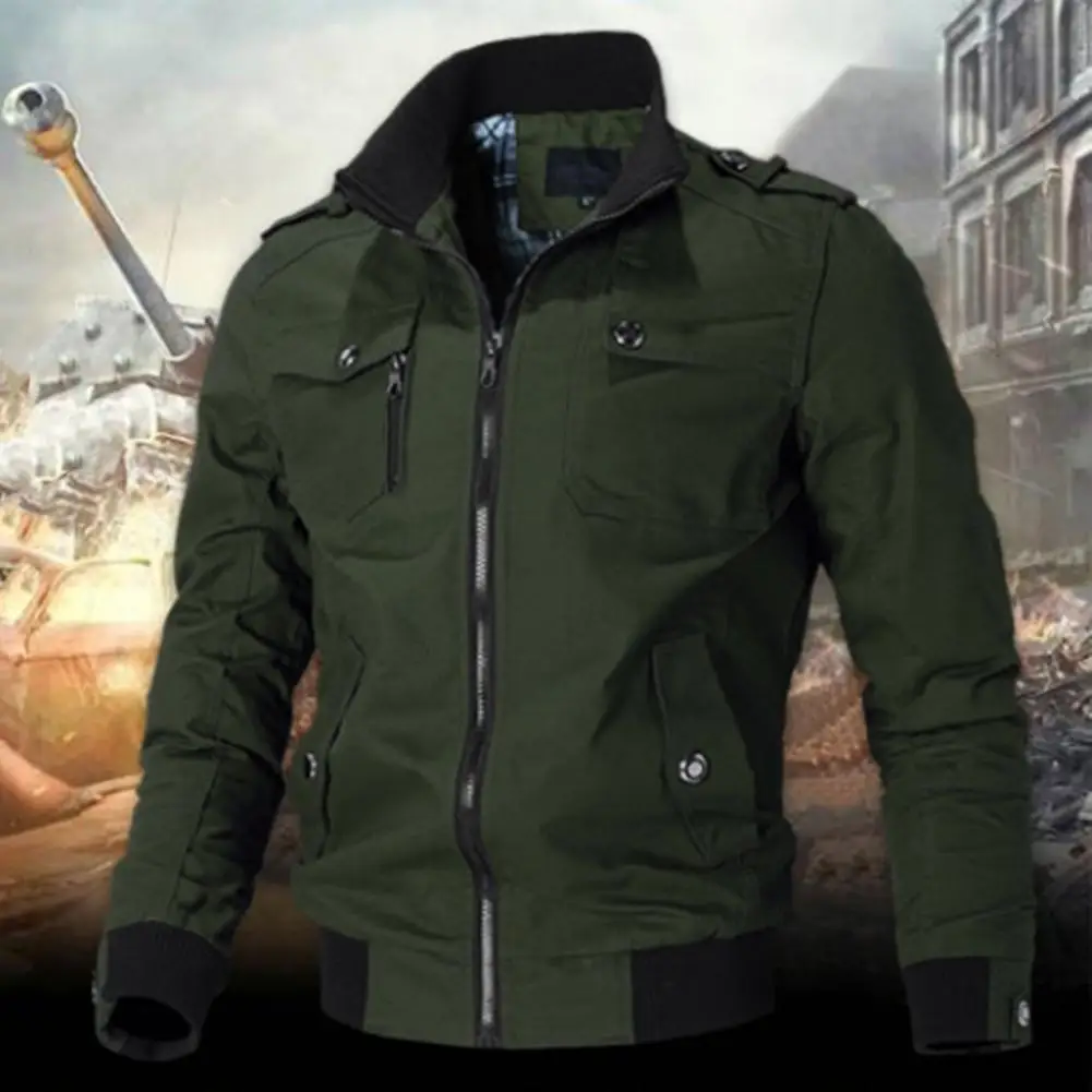 

Stand Collar Casual Jacket Multi-pocketed Men's Windbreaker Jacket with Elastic Hem Zipper Placket for Autumn Winter Seasons Men
