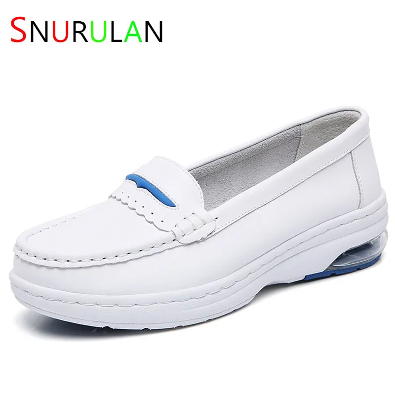 

High Elastic Air Cushion Bottom Nurse Shoes Leather White Women's Shoes Comfortable Wedge Flat Work Shoes Zapatos De Muje