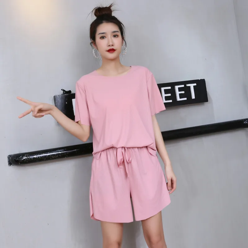 Summer Women Fashion Solid Color Set Pajamas Faux Silk Soft Sleepwear Sport Wear Leisure Suits Girl