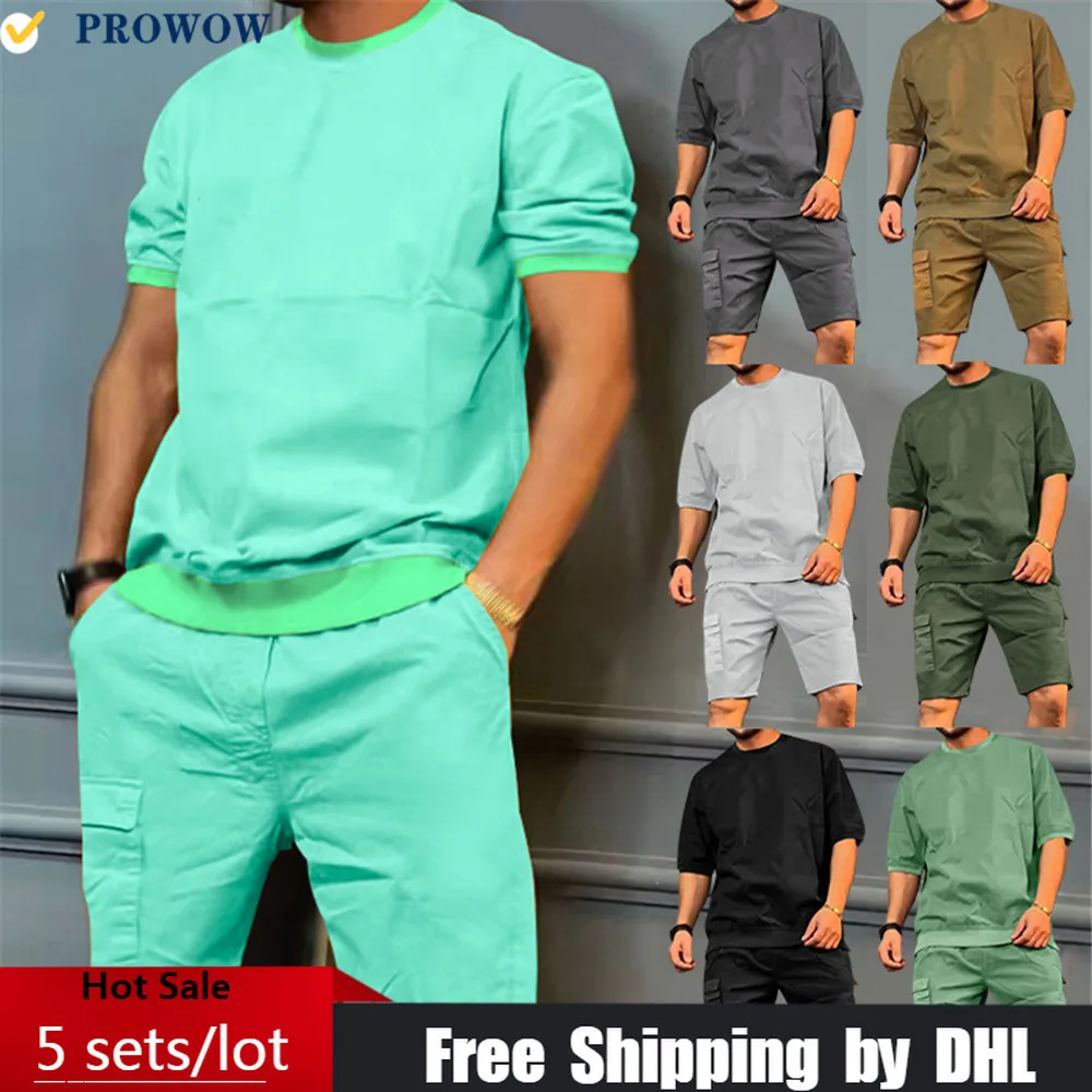 

Wholesale Men 2 Piece Set Casual Cargo Shorts Matching Outfit Solid Pockets Male Tracksuit Summer Suit T-shirt + Five Pants 8129