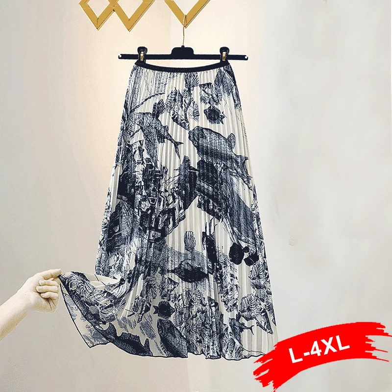 

Vintage Ink Print Midi Pleated Skirts Fashion Korean High Waist Ruffles Aesthetic Beach Wear Office Lady Blue A-line Skirt