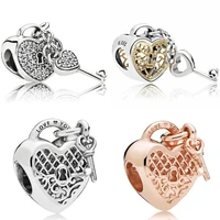 openwork padlock heart and key with crystal pendant bead charm for charm bracelet women diy charm fine jewelry