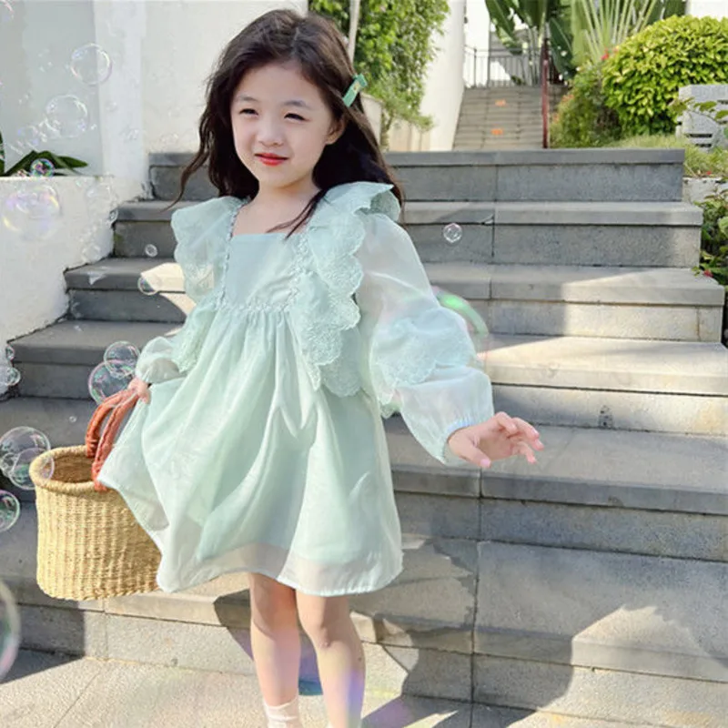 

Платье для девочек, новинка весны и лета, милая детская одежда для детей среднего возраста, кружевное однотонное шифоновое свежее сказочное...