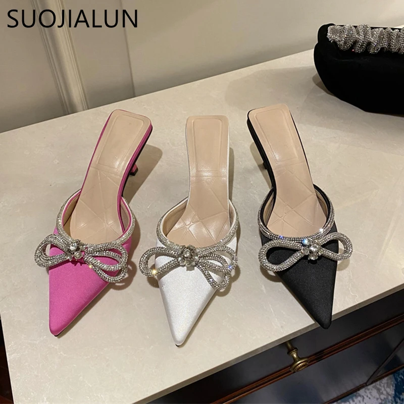 SUOJIALUN 2022 New Spring Women Slipper Bling Crystal Bow-knot Pointed Toe Slip On Mules Shoes Thin High Heel Ladies Sandal Shoe