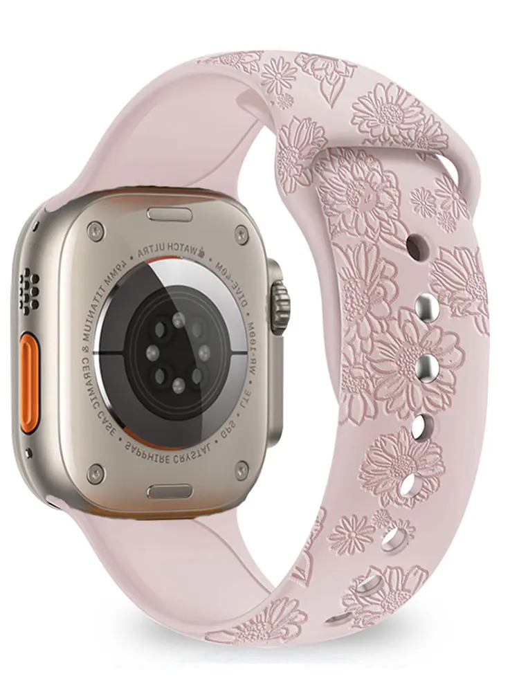 

Strap for Apple Watch Band 44mm 40mm 45mm 41mm 42mm 49mm Engraved Floral Silicone Sport Bracelet iWatch Series 8/7/6/3/SE/ultra