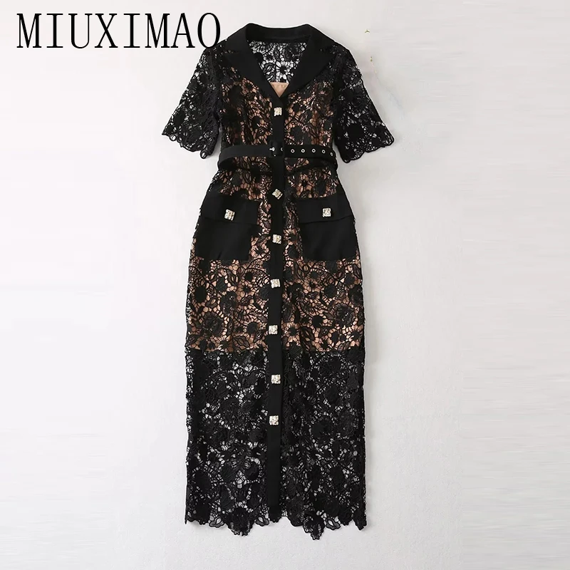 MIUXIMAO 2023 High Quality Spring&Summer Elegant Dress Short Sleeve V-Neck Single Breasted Lace Fashion Long Dress Women Vestide
