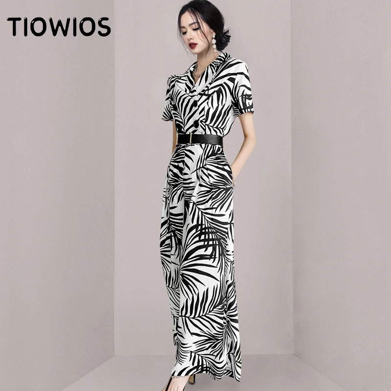 

TIOWIOS 2022 Fashion Printed Suit Collar Waist Jumpsuit New Temperament Fried Street Jumpsuit Wide-leg Pants