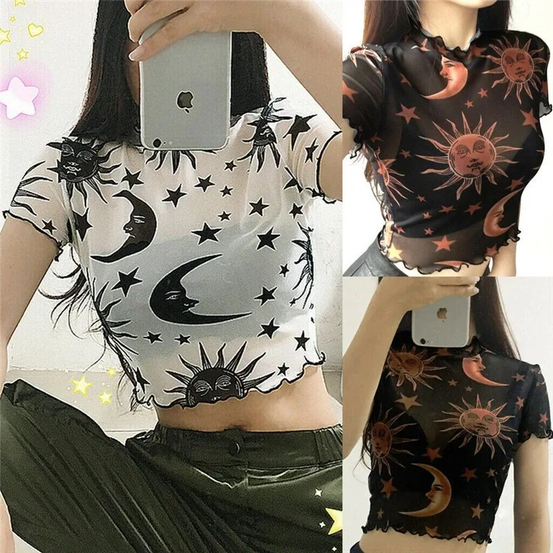 

2022 Summer New Fashion Printing Mesh Short T-shirt Women