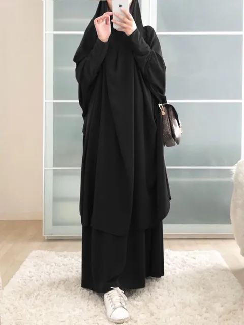 Women 2 Piece Set Hooded Muslim Dress Eid Prayer Garment Jilbab Abaya Long Khimar Full Cover Ramadan Gown Abayas Islamic Cloth 4