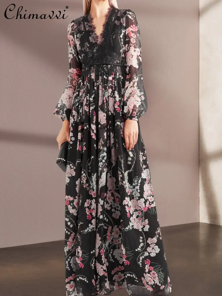 High-End Black Floral Slimming Maxi Dress for Women Lace V-neck Patchwork High Waist Slimming Temperament Entry Lux Fairy Dress