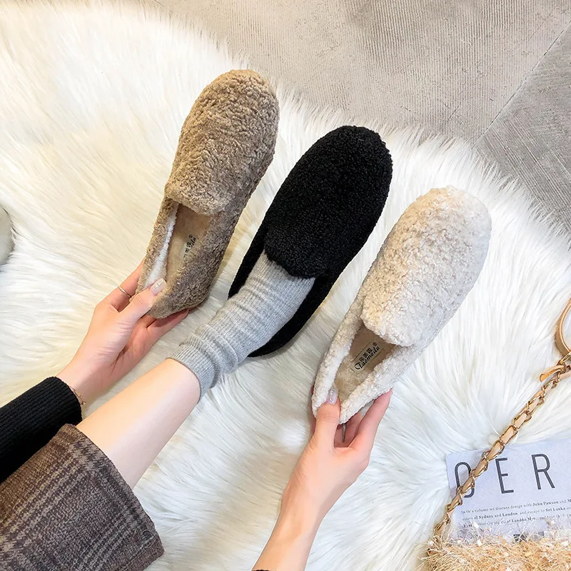 Lambswool flats cotton winter shoes for women solid round toe loafers slip on ladies shoes shallow fur moccasins plus size 34-43