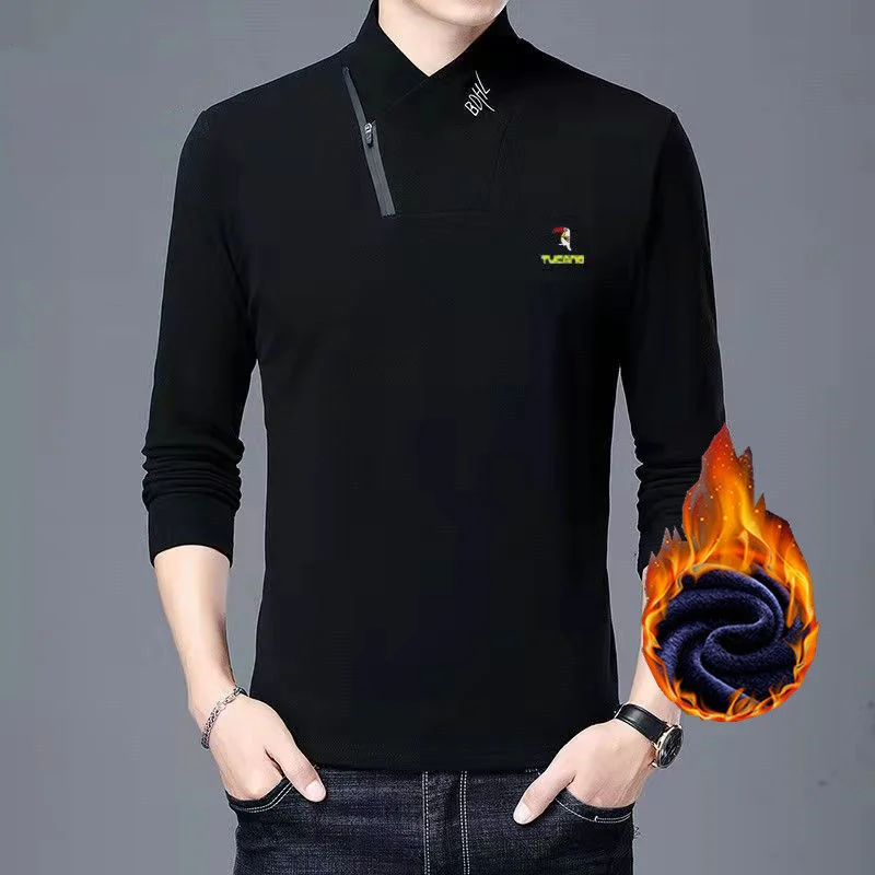 

Solid Autumn Men's Double-sided Velvet Half High Neck Multi Color Plush Long Sleeve Slim Fit Versatile Underlay T-shirt