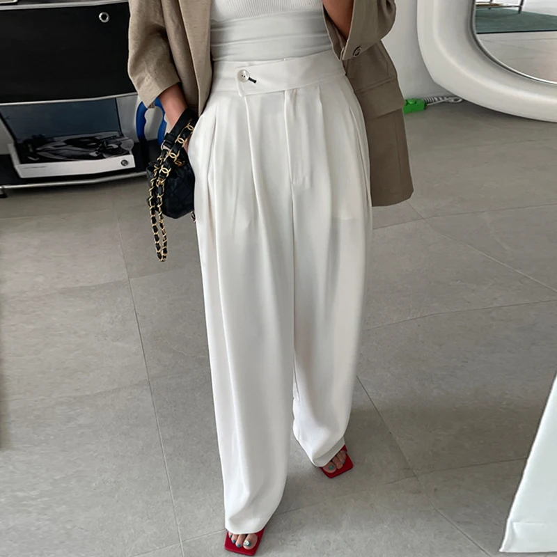 

SuperAen 2022 Summer Solid Retro Drop Sense Inclined Mouth Design One Button High Waist Slim Casual Floor Mop Suit Pants Women