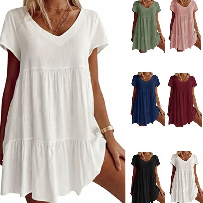 

Women Summer Short Sleeve Sexy V-Neck Swing Tunic Mini Dress Solid Color Pleated Ruffle Flowy Hem A-Line Casual Loose Beach