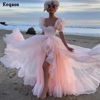eeqasn baby pink organza prom dresses short puff sleeves ruffles prom party gowns slit princess formal women party dresses 2022