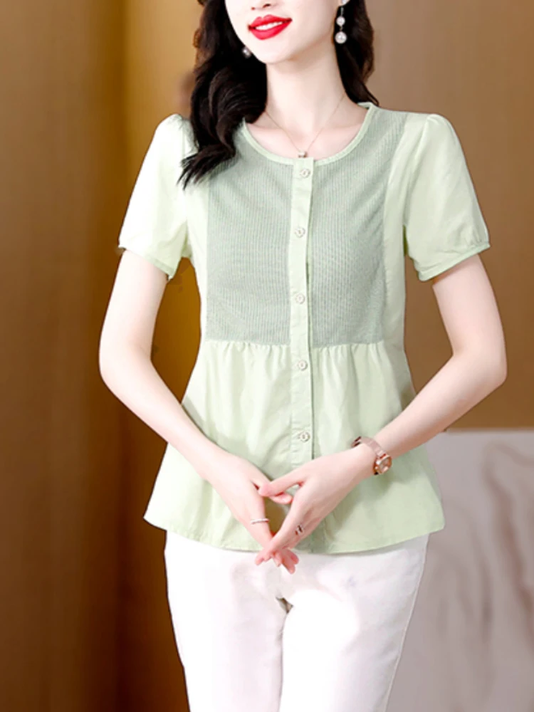 

Elegant Ladies Short-Sleeve Stitching Shirt Summer Chiffon Women Blouse Work Wear Formal Office Tops