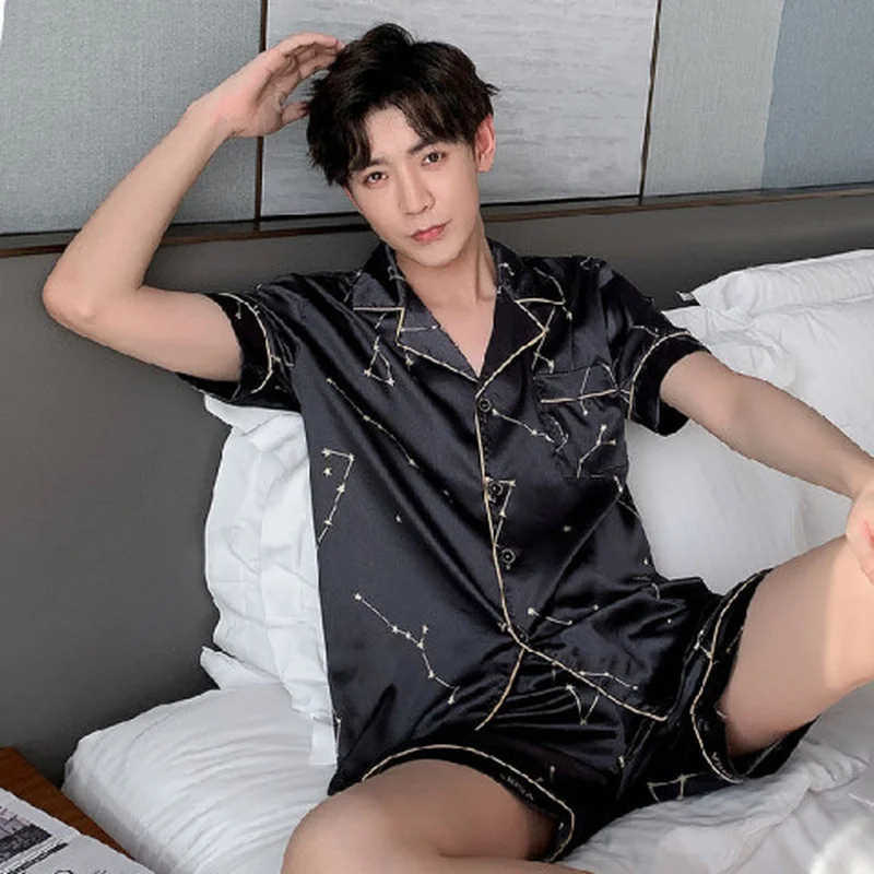 Пижамный комплект мужской с эластичным поясом шелковая одежда для сна коротким