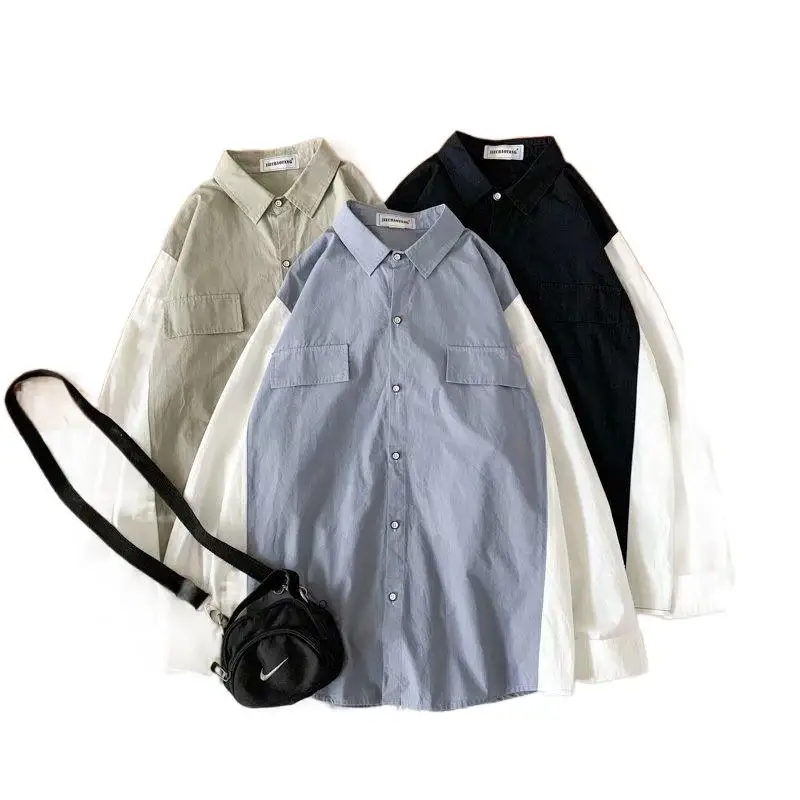 

Long sleeve men's and women's shirts Korean style pocket stitching trend wild loose Hong Kong style casual shirt