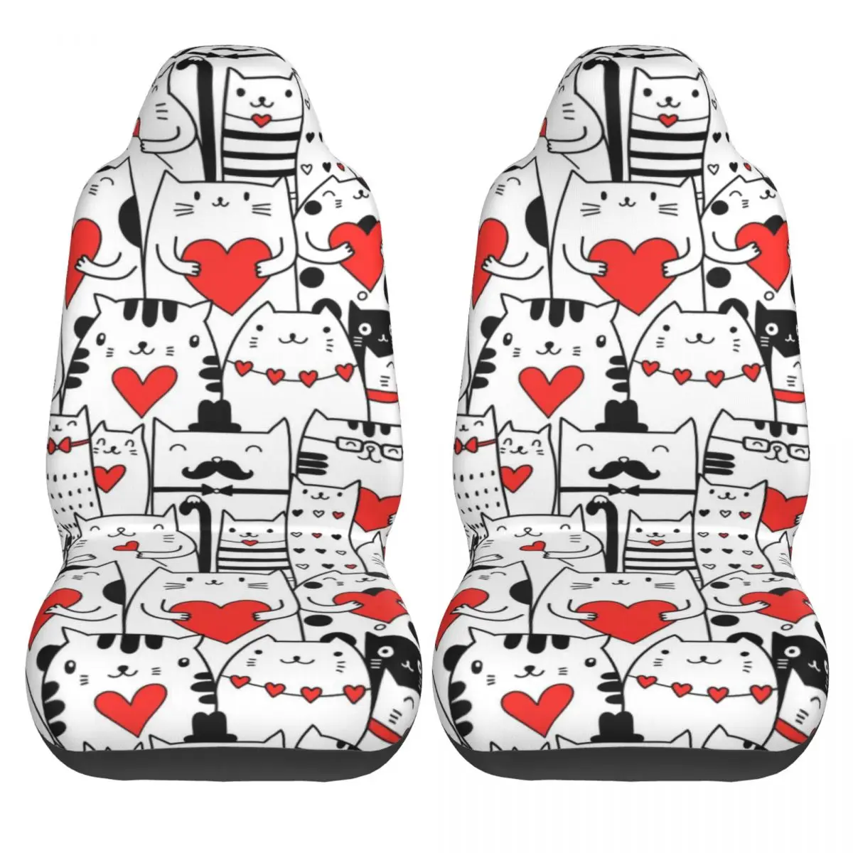 

2 pcs Car Seat Cover Black White Cats Holding Hearts Universal Wear Dirt-resistant Protector for Car Easy Cleaning