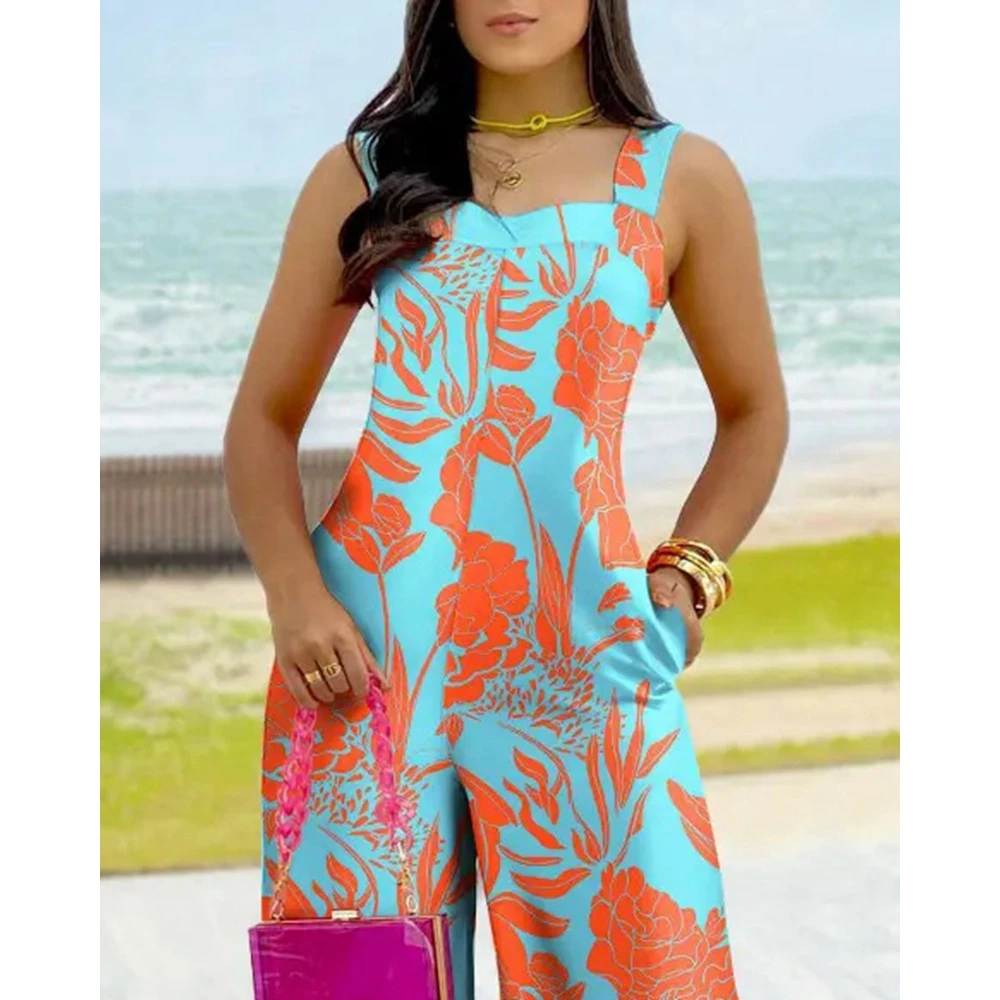 2023 Women Summer Floral Print Wide Leg Jumpsuit Casual Fashion Femme Elegant Lady Thick Strap Pocket Daily Jumpsuts Robe Femme