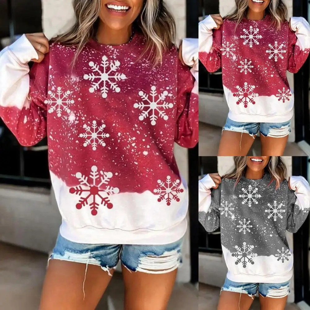 

O-Neck Long Sleeve Pullover Sweatshirt Breathable Snowflake Print Patchwork Christmas Sweatshirt Skin-Touch Casual Sweatshirt