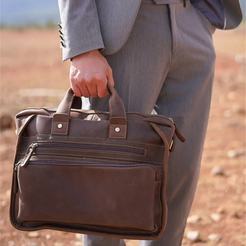 Vintage designed natural genuine leather men's briefcase fashion luxury crazy horse cowhide work computer shoulder crossbody bag