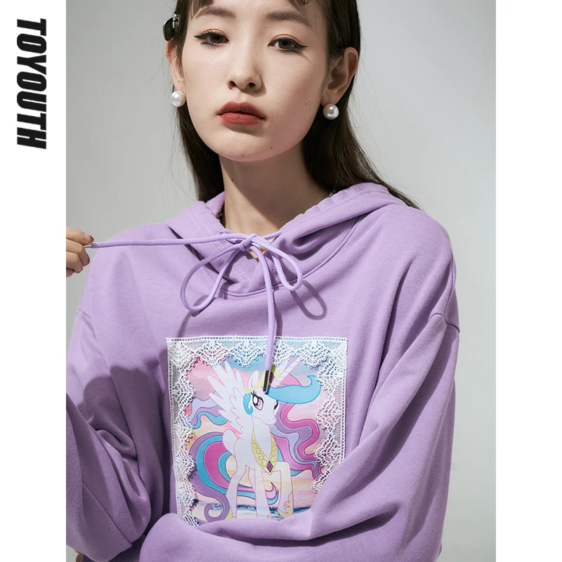

Toyouth Women Sweatshirts with Hat 2022 Spring Long Sleeves O Neck Hoodies Light Purple Cartoon Print Casual Chic Pullovers