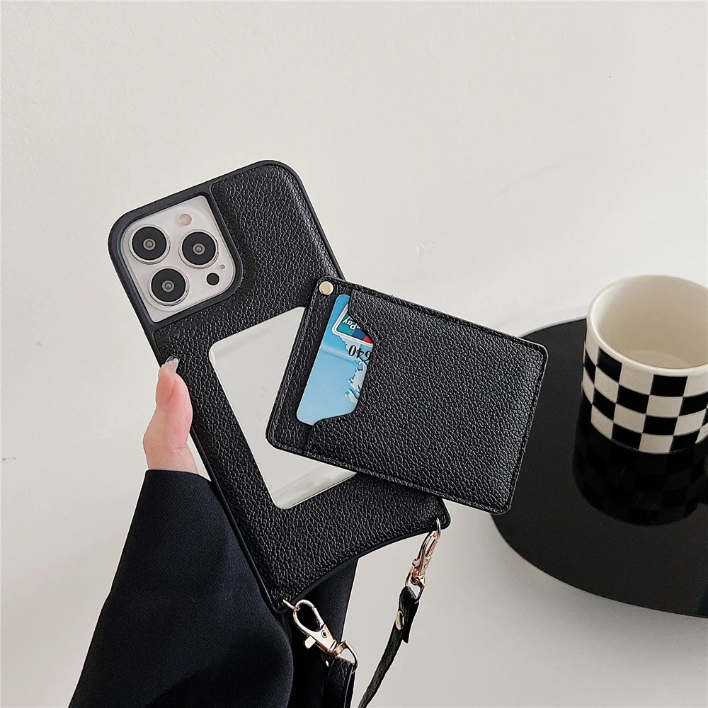 

Stylish crossbody lanyard rotate card holder wallet Mirror phone Case for iPhone 14 13 12 11 Pro Max XR X XS SE2 7 8 Plus Cover