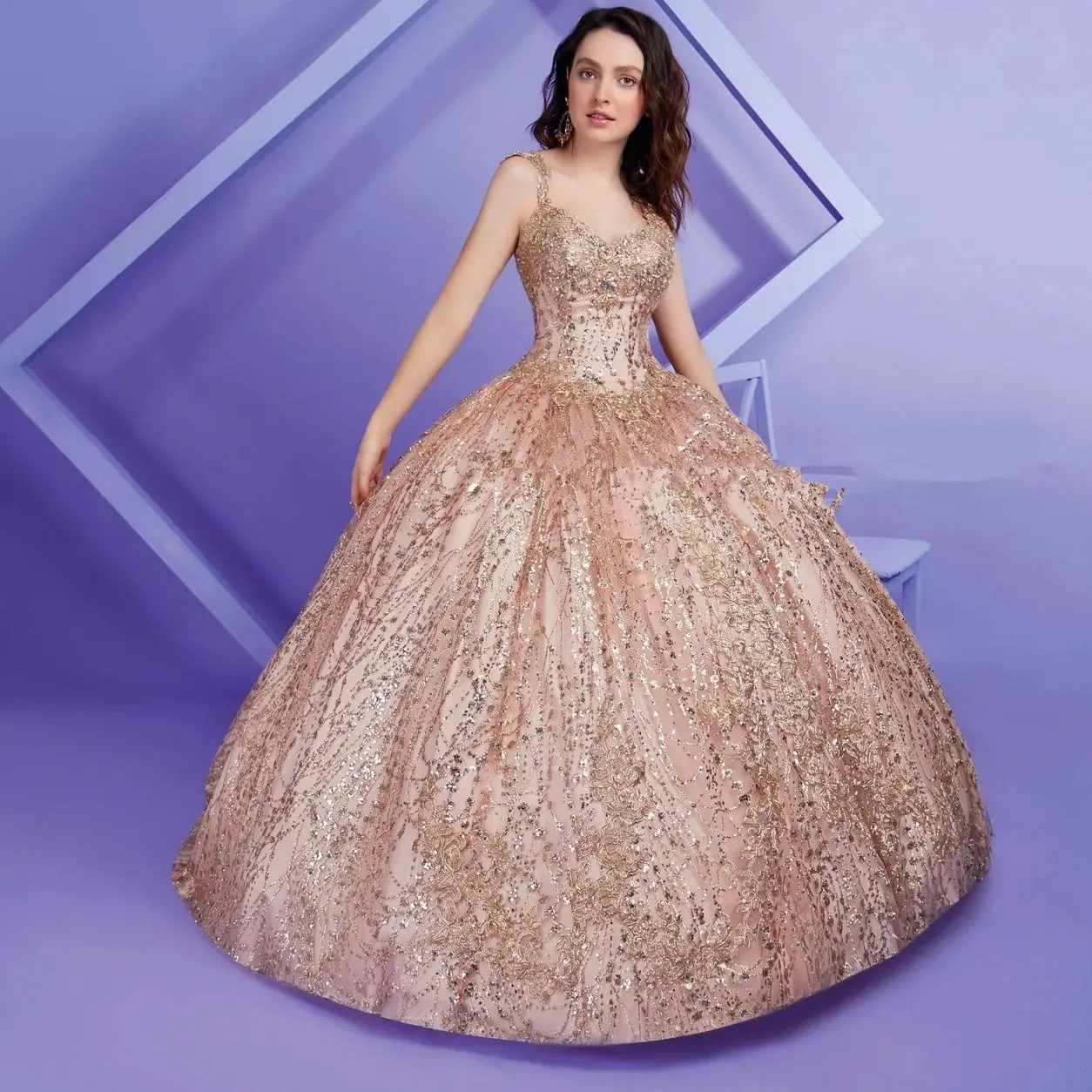 

Шампанское бальное платье с блестками на бретельках для девушек 15-16 лет