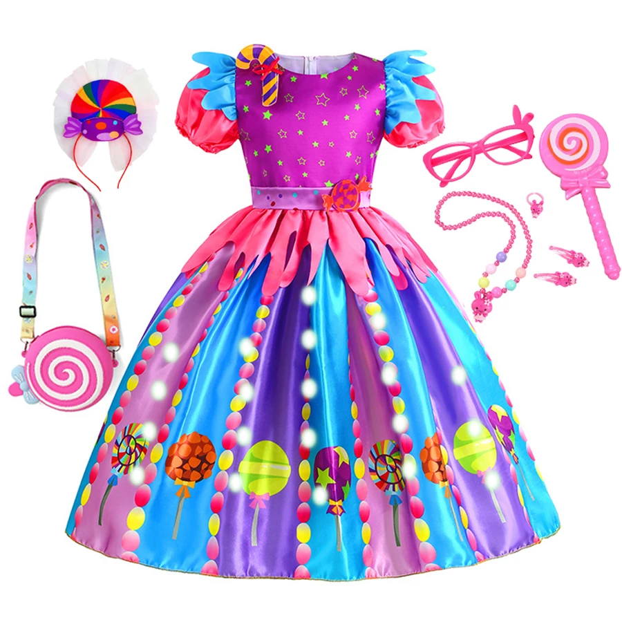 

Костюм радужной конфеты Purim для девочек, Детский костюм для косплея со светодиодной подсветкой для девочек, Необычный детский сетчатый розо...