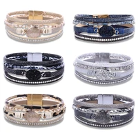 leather wrap bracelet boho cuff bracelets crystal bead bracelet with magnetic clasp for women retro pu rhinestones hand string