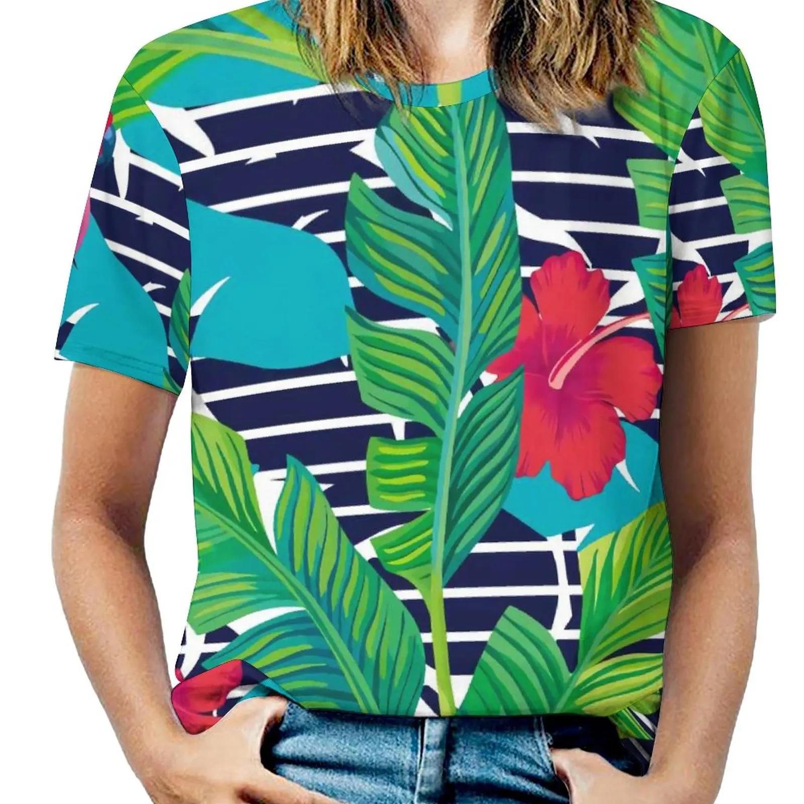 

Funny Palm Leaves T Shirts Black And White Stripes Red Flower Street Style T-Shirt Short-Sleeve Kawaii Oversize Tees Print Tops