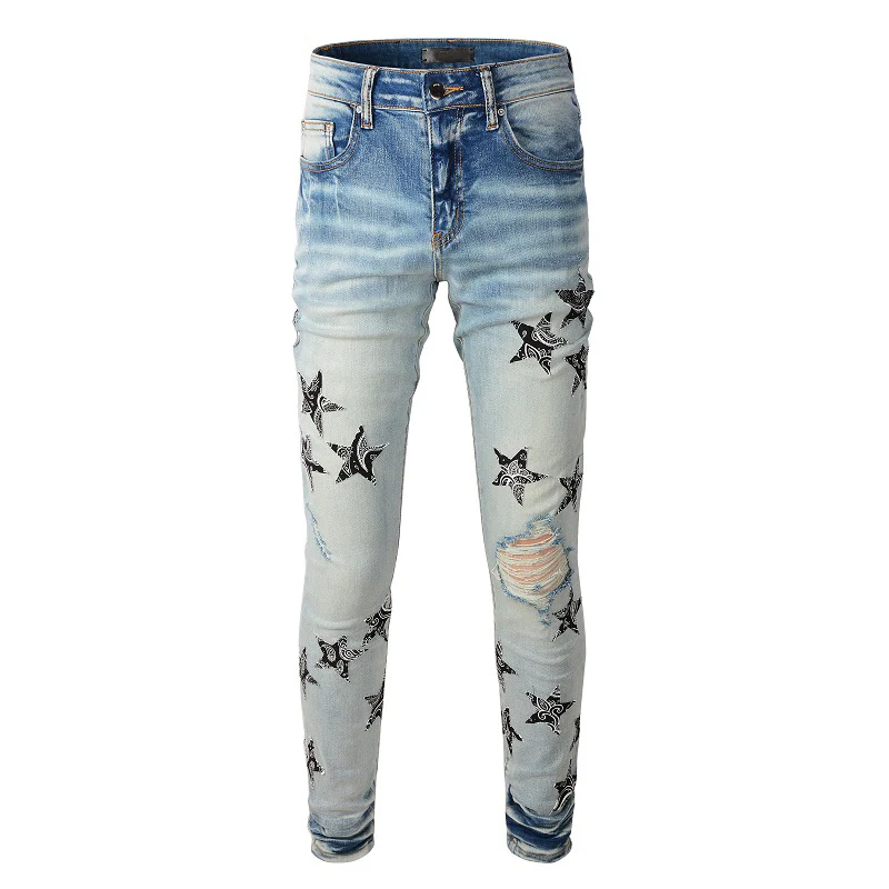 

Mens High Street Fashion Style Distressed Slim Fit Light Blue Scratched Embroidered Stars Patchwork Skinny Stretch Damaged Jeans