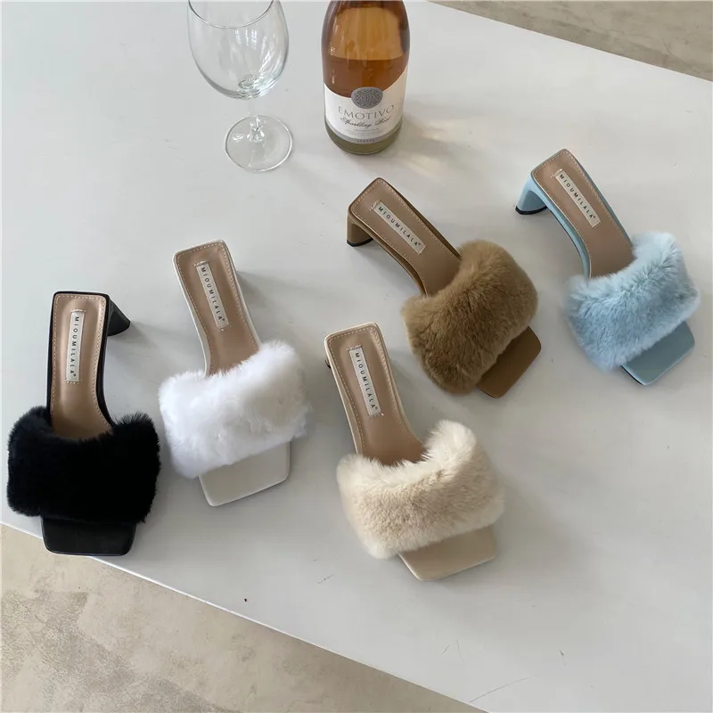 2022 brand design women's furry slippers rabbit fur slippers high heels ladies flip flops fluffy slippers furry slippers shoes