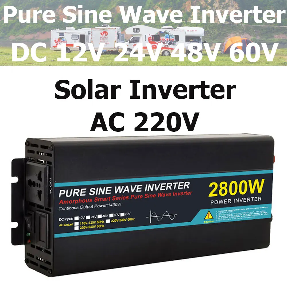 Инвертор для солнечной батареи, 12 В, 220 В, немодулированный синусоидальный инвертор, 24 В, 220 В постоянного тока в 48 В, 60 в, 1600 Вт, 2800 Вт, отображает напряжение, автомобильный Солнечный микро инвертор
