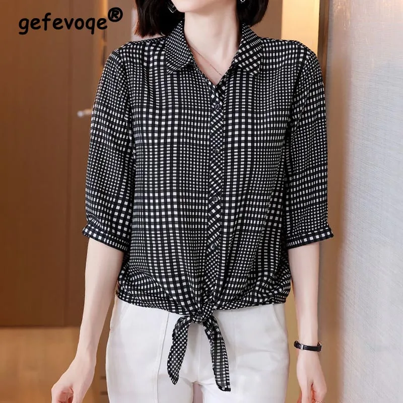 

Women Summer Vintage Plaid Stripes Printing Half Sleeve Turndown Collar Chiffon Shirts Casual Button 4XL Blouse Female Loose Top